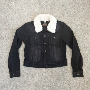 Levi's Black Denim Jacket Womens L Fits S/M Sherpa Collar Distressed Trucker